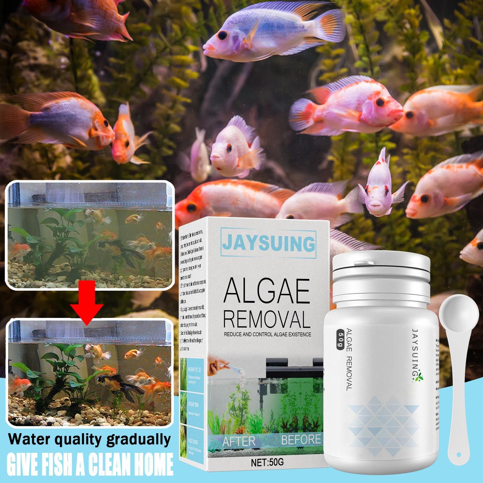 Aquarium Moss - 水槽用藻類除去パウダー、藻類・苔抑制剤、水槽や池の水を澄明に保つ浄化剤